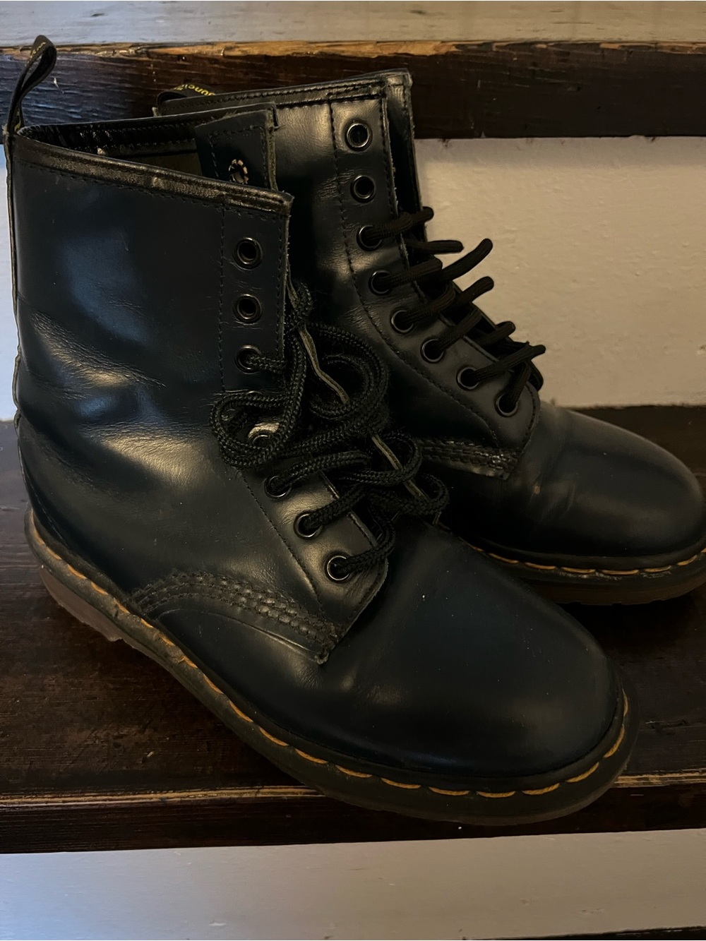 Dr. Martens Black Leather Lace-Up Combat Boots with Yellow Welt Stitching Size 6